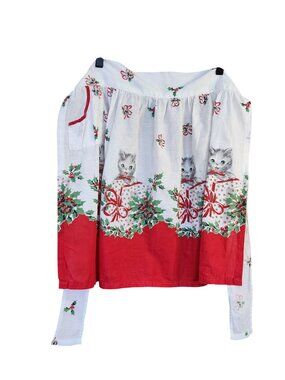 Vintage Handmade Half Apron Christmas Kitten Pocket